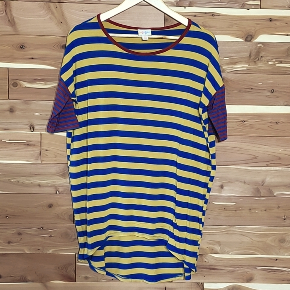 LuLaRoe Irma Top, Size XS, Mustard, Maroon, and Blue